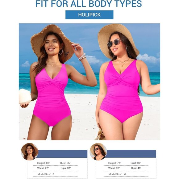 Holipick Women Pink Tummy Control One Piece Push Up Bathing Swimsuit - Picture 5 of 6
